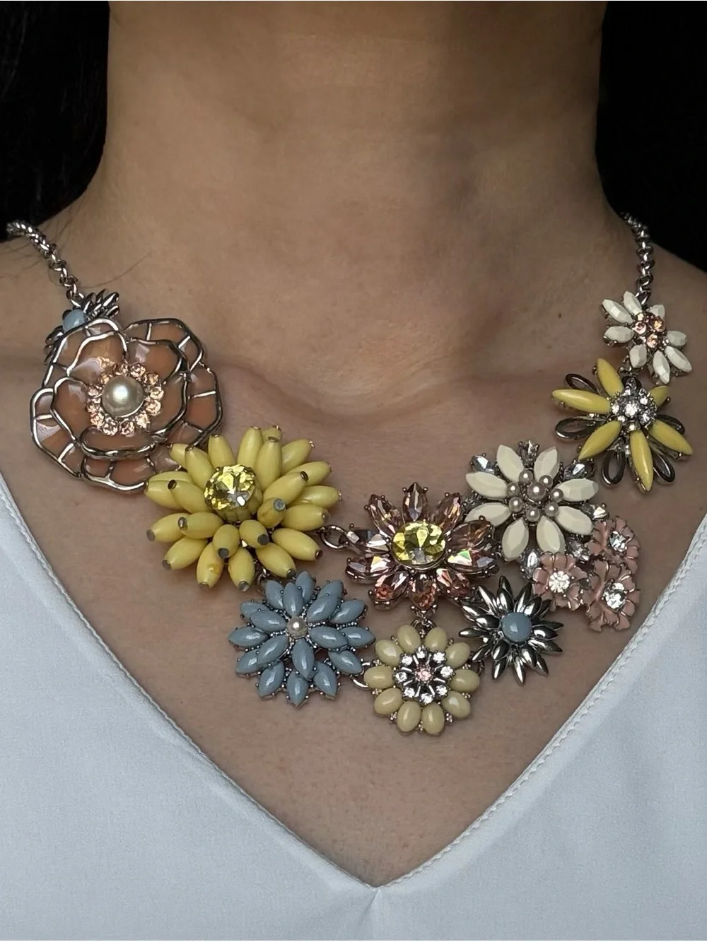 Vintage Silver Chunky Pastel Enamel Floral Statement Necklace